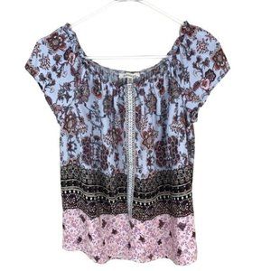 Monteau off the shoulder, peasant style top, Junior Large, blue, pink